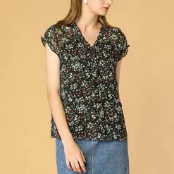 Allegra K Women's Floral Printed Ruffles Cap Sleeve Chiffon Blouse Top