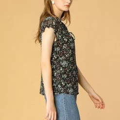Allegra K Women's Floral Printed Ruffles Cap Sleeve Chiffon Blouse Top