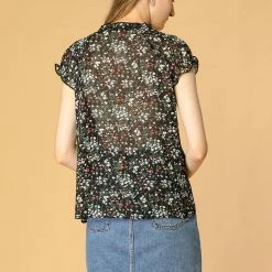 Allegra K Women's Floral Printed Ruffles Cap Sleeve Chiffon Blouse Top