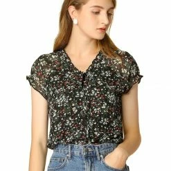 Allegra K Women's Floral Printed Ruffles Cap Sleeve Chiffon Blouse Top