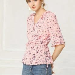 Allegra K Women's Floral Print Ruffle Cuff Self Tie V Neck Wrap Chiffon Top Shirt