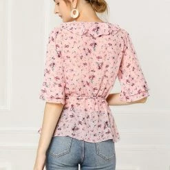 Allegra K Women's Floral Print Ruffle Cuff Self Tie V Neck Wrap Chiffon Top Shirt