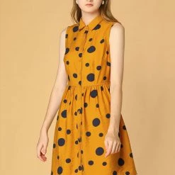Allegra K Women's Polka Dot Button Down Tie Waist Sleeveless Shirt Dress