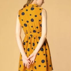 Allegra K Women's Polka Dot Button Down Tie Waist Sleeveless Shirt Dress