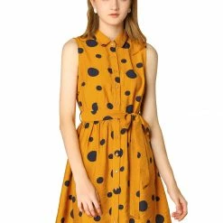 Allegra K Women's Polka Dot Button Down Tie Waist Sleeveless Shirt Dress
