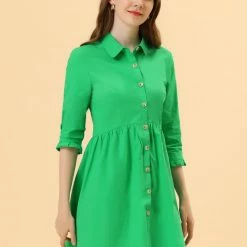 Allegra K Women's 3/4 Sleeve Button Front Flare Mini Shirt Dress 102 Allegra K Women's 3/4 Sleeve Button Front Flare Mini Shirt Dress