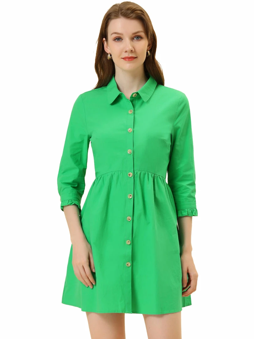 Allegra K Women's 3/4 Sleeve Button Front Flare Mini Shirt Dress 45 Allegra K Women's 3/4 Sleeve Button Front Flare Mini Shirt Dress