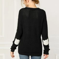 Women Allegra K Drop Shoulder Elbow Cat Patch Loose Sweater
