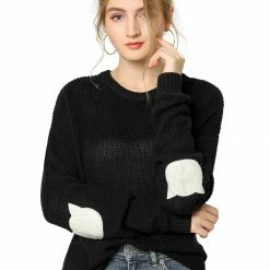 Women Allegra K Drop Shoulder Elbow Cat Patch Loose Sweater