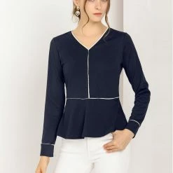 Allegra K Women's V Neck Long Sleeves Ruffle Hem Peplum Blouse Top