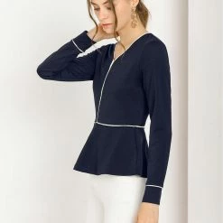 Allegra K Women's V Neck Long Sleeves Ruffle Hem Peplum Blouse Top