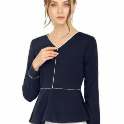 Allegra K Women's V Neck Long Sleeves Ruffle Hem Peplum Blouse Top