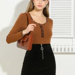 Allegra K Women's Casual Ruffle Contrast Stitch Square Neck Long Sleeve Bodycon Top Shirt