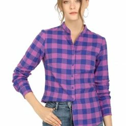 Allegra K Women's Long Sleeve Stand Collar Cotton Blouse Plaid Shirt