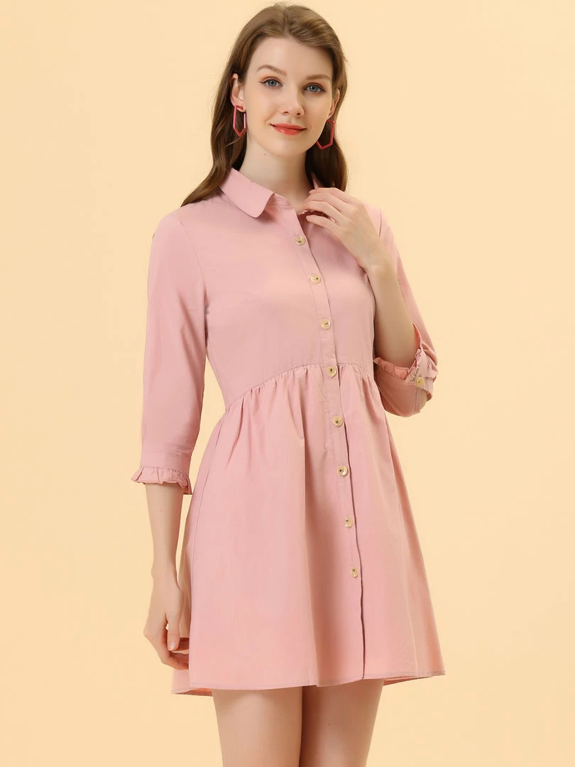 Allegra K Women's 3/4 Sleeve Button Front Flare Mini Shirt Dress 51 Allegra K Women's 3/4 Sleeve Button Front Flare Mini Shirt Dress