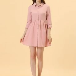 Allegra K Women's 3/4 Sleeve Button Front Flare Mini Shirt Dress 108 Allegra K Women's 3/4 Sleeve Button Front Flare Mini Shirt Dress