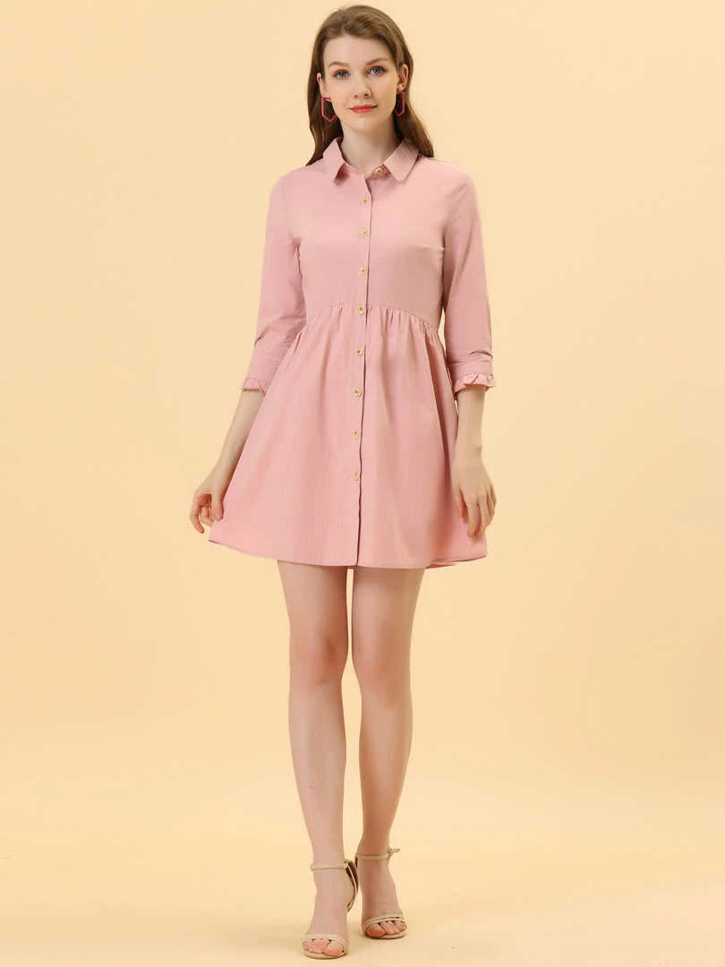 Allegra K Women's 3/4 Sleeve Button Front Flare Mini Shirt Dress 52 Allegra K Women's 3/4 Sleeve Button Front Flare Mini Shirt Dress