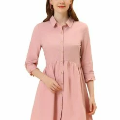 Allegra K Women's 3/4 Sleeve Button Front Flare Mini Shirt Dress 106 Allegra K Women's 3/4 Sleeve Button Front Flare Mini Shirt Dress