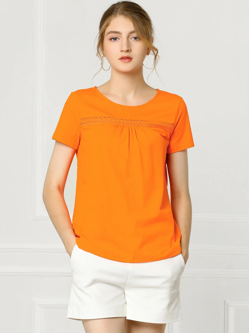 Allegra K Women's Round Neck Short Sleeve Lace Trim Pleated Front Solid Color Blouse Top 10 Allegra K Women's Round Neck Short Sleeve Lace Trim Pleated Front Solid Color Blouse Top