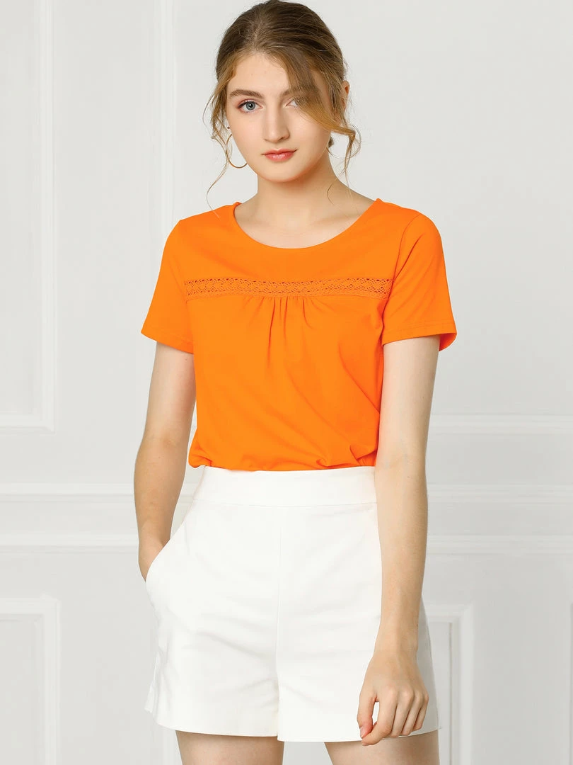 Allegra K Women's Round Neck Short Sleeve Lace Trim Pleated Front Solid Color Blouse Top 11 Allegra K Women's Round Neck Short Sleeve Lace Trim Pleated Front Solid Color Blouse Top