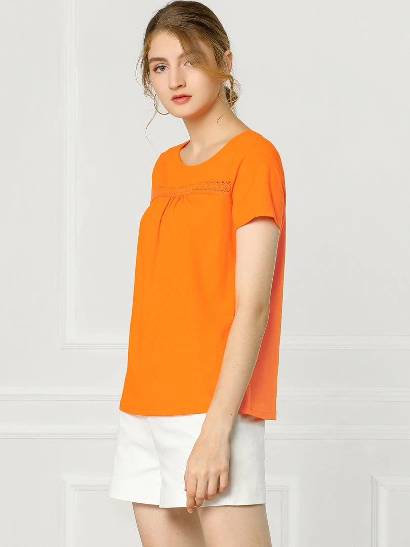 Allegra K Women's Round Neck Short Sleeve Lace Trim Pleated Front Solid Color Blouse Top 12 Allegra K Women's Round Neck Short Sleeve Lace Trim Pleated Front Solid Color Blouse Top