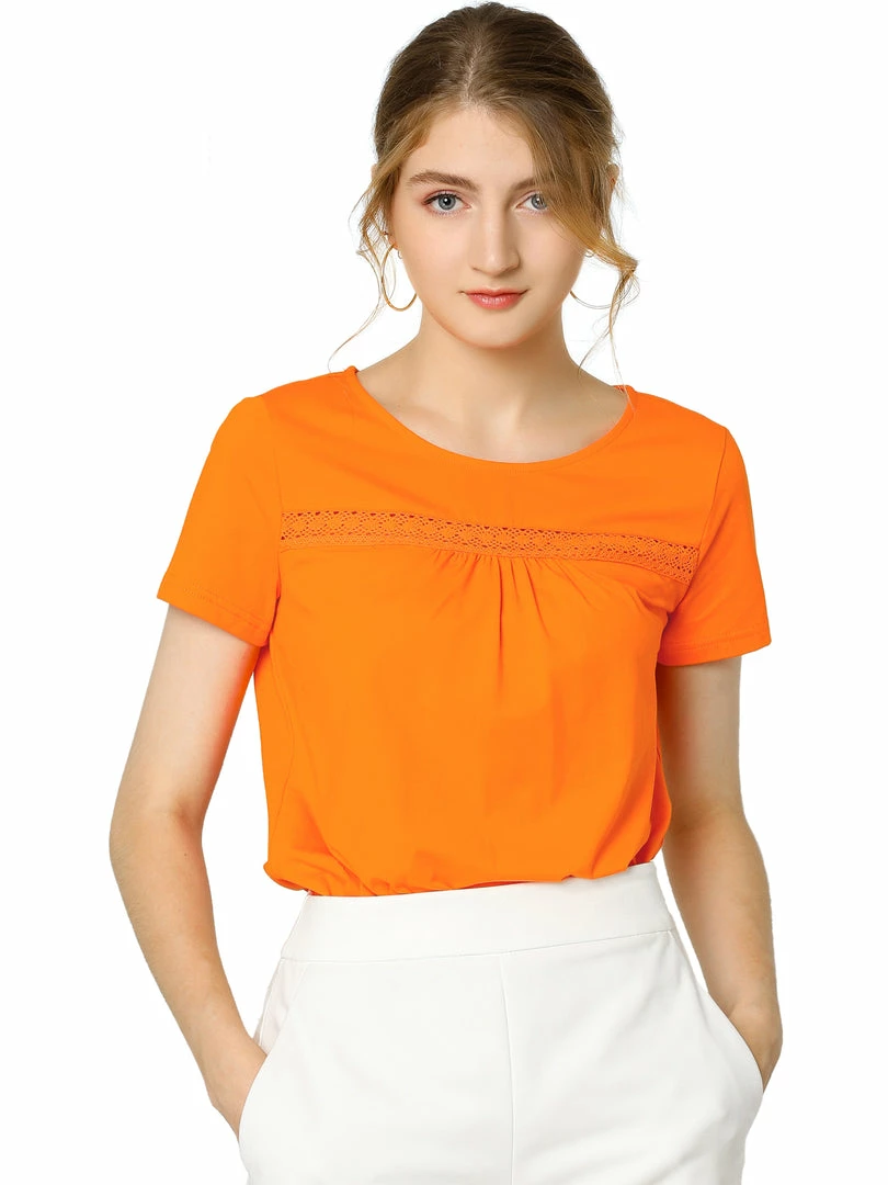 Allegra K Women's Round Neck Short Sleeve Lace Trim Pleated Front Solid Color Blouse Top 9 Allegra K Women's Round Neck Short Sleeve Lace Trim Pleated Front Solid Color Blouse Top