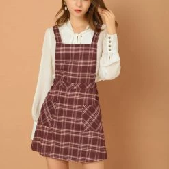 Allegra K Women's Plaid Tartan Button Decor A-Line Pinafore Overall Dress 63 Allegra K Women's Plaid Tartan Button Decor A-Line Pinafore Overall Dress