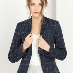 Allegra K Women's Single Breasted Stand Collar Work Formal Plaid Blazer Jacket