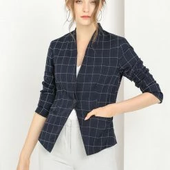 Allegra K Women's Single Breasted Stand Collar Work Formal Plaid Blazer Jacket