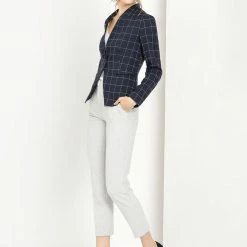 Allegra K Women's Single Breasted Stand Collar Work Formal Plaid Blazer Jacket