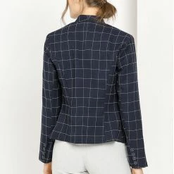 Allegra K Women's Single Breasted Stand Collar Work Formal Plaid Blazer Jacket
