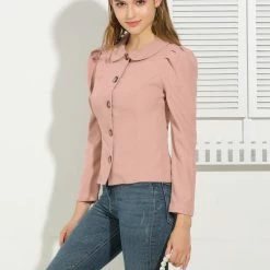 Allegra K Women's Puff Sleeve Peter Pan Collar Solid Casual Jacket