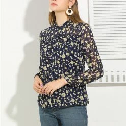 Allegra K Women's Casual Button Down Shirt Ruffle Long Sleeve Floral Print Chiffon Blouse