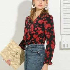 Allegra K Women's V Neck Ruffled Long Sleeve Daisy Floral Print Blouse