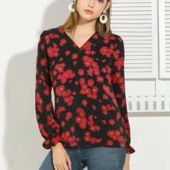 Allegra K Women's V Neck Ruffled Long Sleeve Daisy Floral Print Blouse