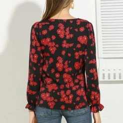 Allegra K Women's V Neck Ruffled Long Sleeve Daisy Floral Print Blouse