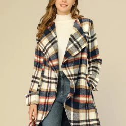 Allegra K Women's Shawl Collar Belted Asymmetrical Hem Plaid Coat