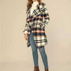 Allegra K Women's Shawl Collar Belted Asymmetrical Hem Plaid Coat