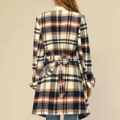 Allegra K Women's Shawl Collar Belted Asymmetrical Hem Plaid Coat
