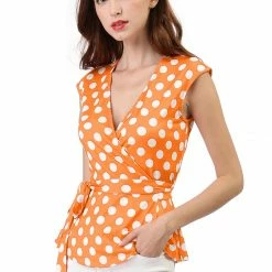 Allegra K V Neck Sleeveless Self Tie Wrap Front Dotted Top