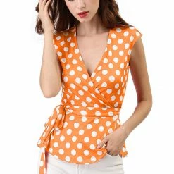 Allegra K V Neck Sleeveless Self Tie Wrap Front Dotted Top