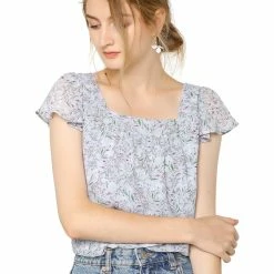 Allegra K Women's Chiffon Ruffle Sleeve Layered Floral Print Blouse Top