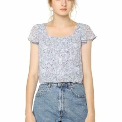 Allegra K Women's Chiffon Ruffle Sleeve Layered Floral Print Blouse Top