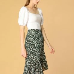 Allegra K Women's Leopard Floral Printed Ruffle Hem Mermaid Asymmetrical Midi Skirt