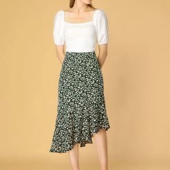 Allegra K Women's Leopard Floral Printed Ruffle Hem Mermaid Asymmetrical Midi Skirt