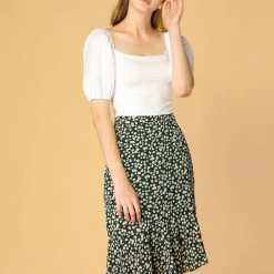 Allegra K Women's Leopard Floral Printed Ruffle Hem Mermaid Asymmetrical Midi Skirt