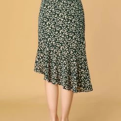 Allegra K Women's Leopard Floral Printed Ruffle Hem Mermaid Asymmetrical Midi Skirt