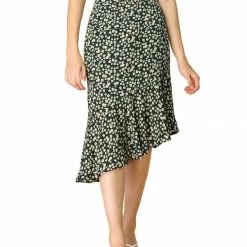 Allegra K Women's Leopard Floral Printed Ruffle Hem Mermaid Asymmetrical Midi Skirt