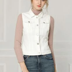 Allegra K Women's Washed Denim Buttoned Vest W Flap Pockets