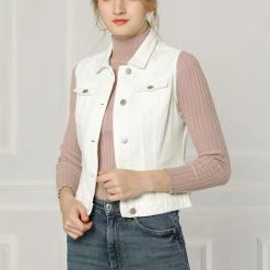 Allegra K Women's Washed Denim Buttoned Vest W Flap Pockets